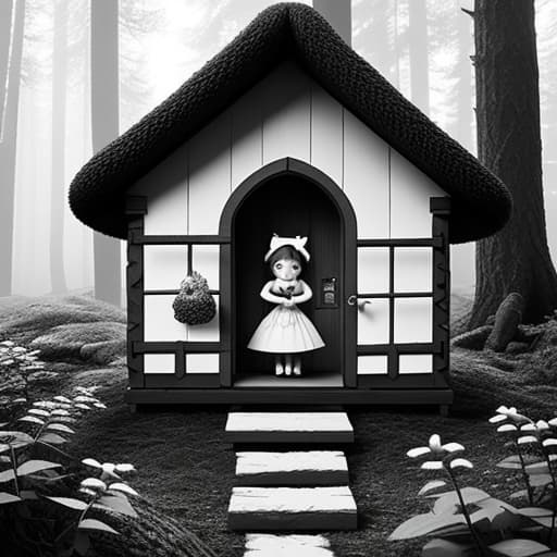  create a coloring book image in black and white for kids about a little girl living in a mushroom house i the forest. hyperrealistic, full body, detailed clothing, highly detailed, cinematic lighting, stunningly beautiful, intricate, sharp focus, f/1. 8, 85mm, (centered image composition), (professionally color graded), ((bright soft diffused light)), volumetric fog, trending on instagram, trending on tumblr, HDR 4K, 8K