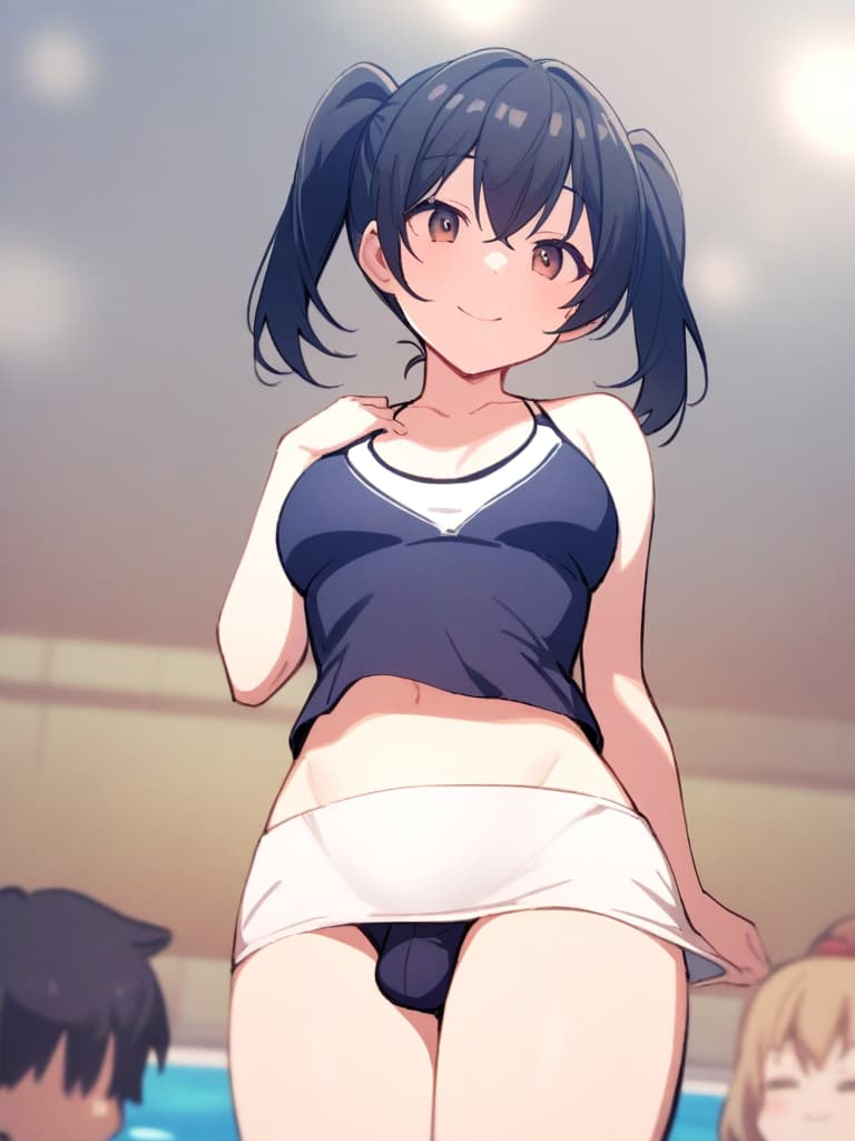  women's elementary students (male), twin tails, cute smiles, (rich s), short stature, dark blue swimwear, old swimwear, swimwear, simple, (upward), upward, (bulge), front, whole body, pool side ,,,