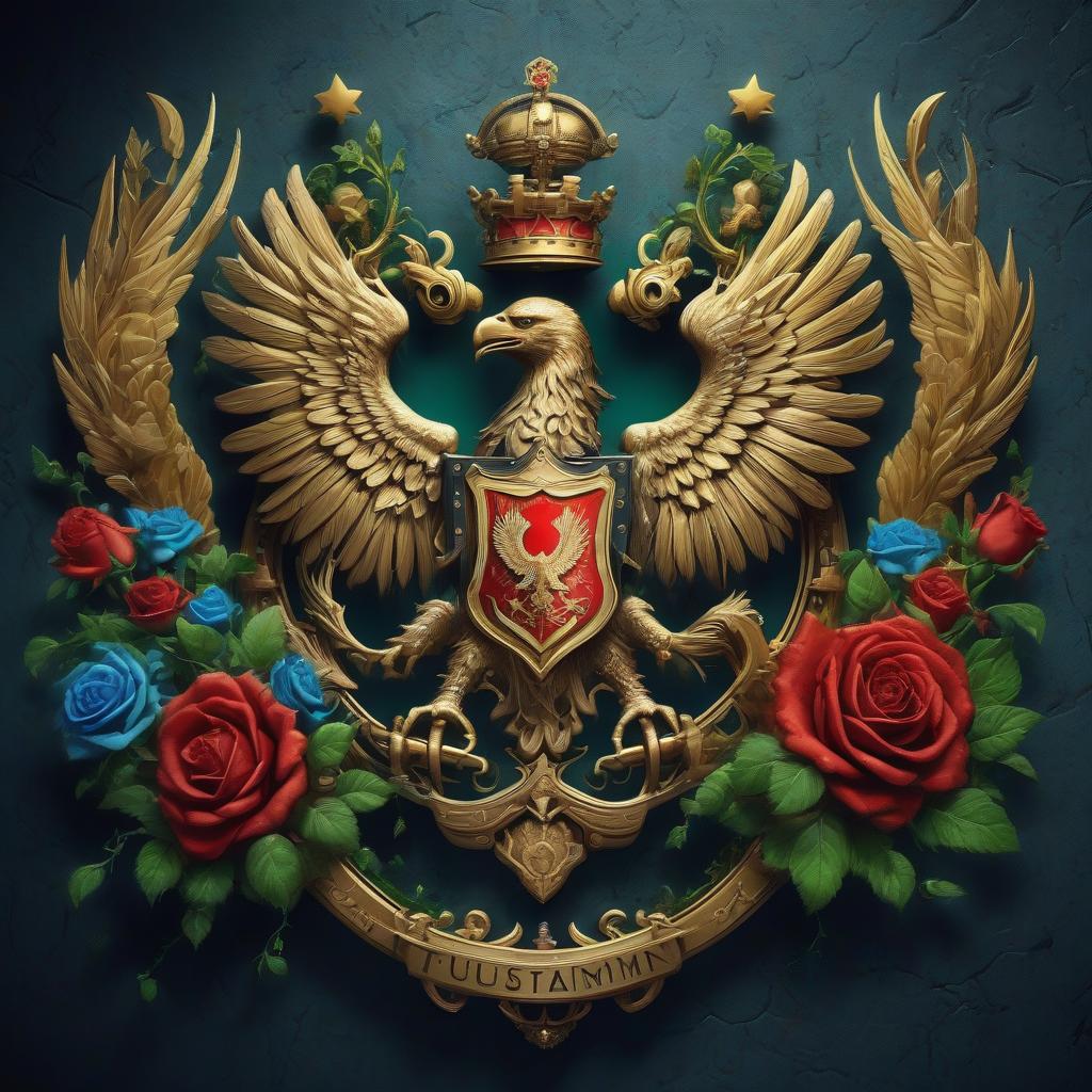  futurism, cyberpunk, steampunk.. coat of arms with a double headed eagle. four colors: gold, green, blue, red. flowers: roses, bells. the coat of arms in the castle. lots of zigzags, laces. neon lights on the back.