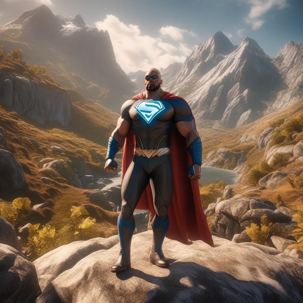  a superhero in a mountain range cartoon, highly detailed, cinematic lighting, stunningly beautiful, intricate, sharp focus, (centred image composition), (professionally colour graded), ((bright soft diffused light)), hdr 4k, 8k