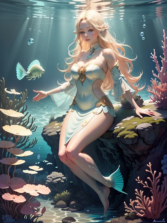  master piece, best quality, ultra detailed, highres, 4k.8k, blonde mermaid., swimming gracefully, observing marine life., curious and serene., break mermaid exploring the ocean., coral reef, seashells, colorful fish, sea anemones, and seaweed., break vibrant and tranquil, sunlight filtering through the water, creating a dreamy effect., angelicai