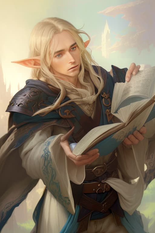  a beautiful elf with long straw hair and blue eyes, dressed in a white shirt and beige pants, hangs a brown cloak on his shoulders, holds an open book in his hands, magic, dragons, elves, castles, by donato giancola, ruan jia, kekai kotaki, magali villeneuve, even mehl amundsen