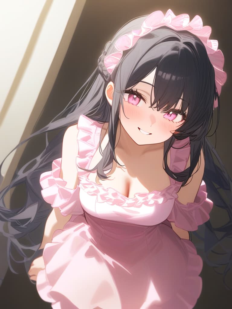  cute face focus,cute,black hair,light pink eyes,cute posing,frill onepiece,long hair,adult,shy,smile,head dress