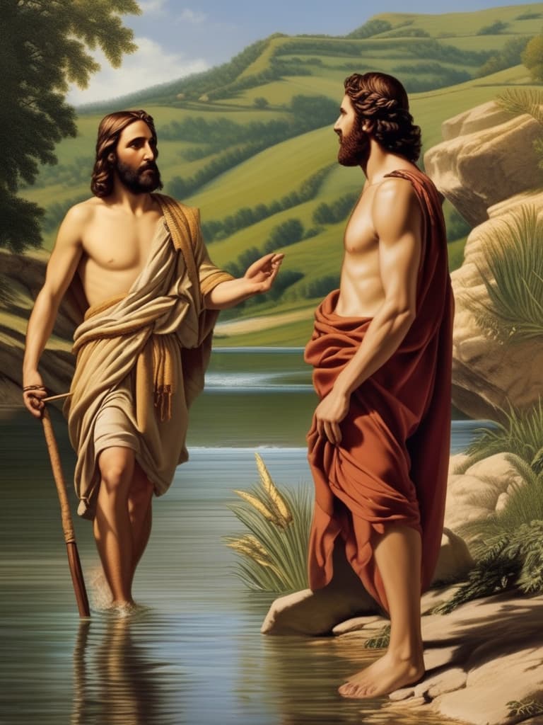  John the Baptist facing Jesus, standing in the the river Jordan . Close up view.