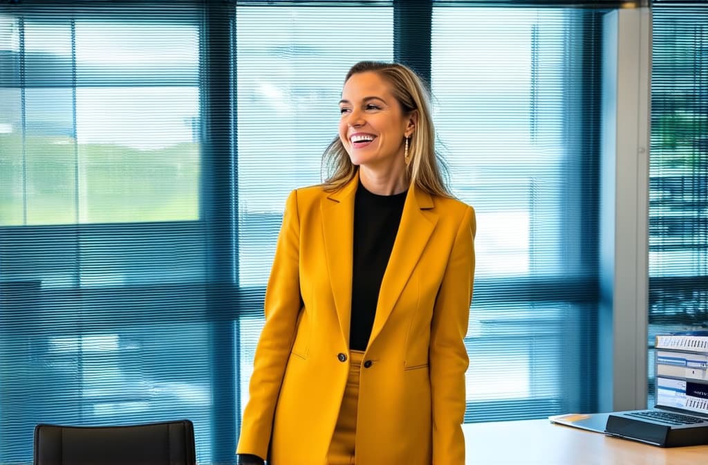  professional detailed photography, portrait of smiling businesswoman in mustard colored jacket standing in open plan office. happy female professional executive manager, financial banking or marketing data. ar 3:2, (muted colors, dim colors, soothing tones), (vsco:0.3)