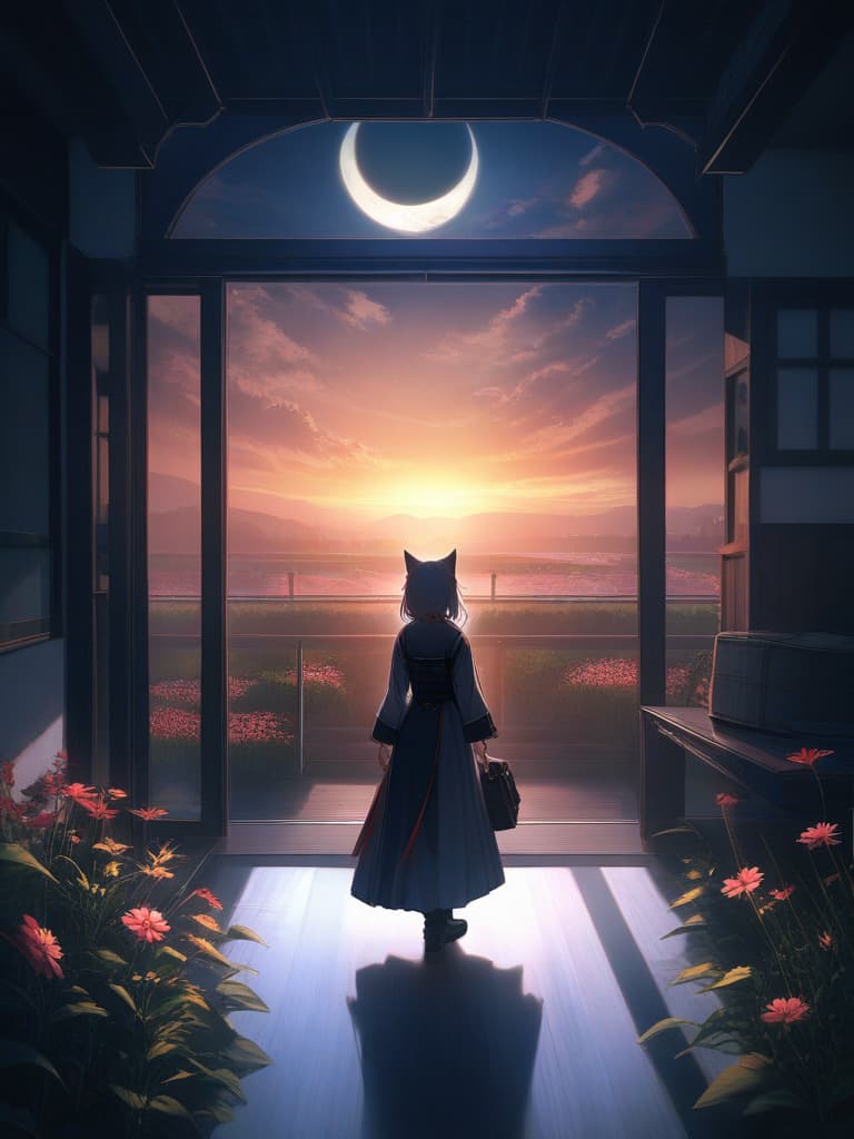  1cat ,japanese cat,nature,animal focus,looking outside from the japanese style room,cosmos field ,cat sitting on the porch ,cosmos field,full moon night, hyperrealistic, full body, detailed clothing, highly detailed, cinematic lighting, stunningly beautiful, intricate, sharp focus, f/1. 8, 85mm, (centered image composition), (professionally color graded), ((bright soft diffused light)), volumetric fog, trending on instagram, trending on tumblr, HDR 4K, 8K