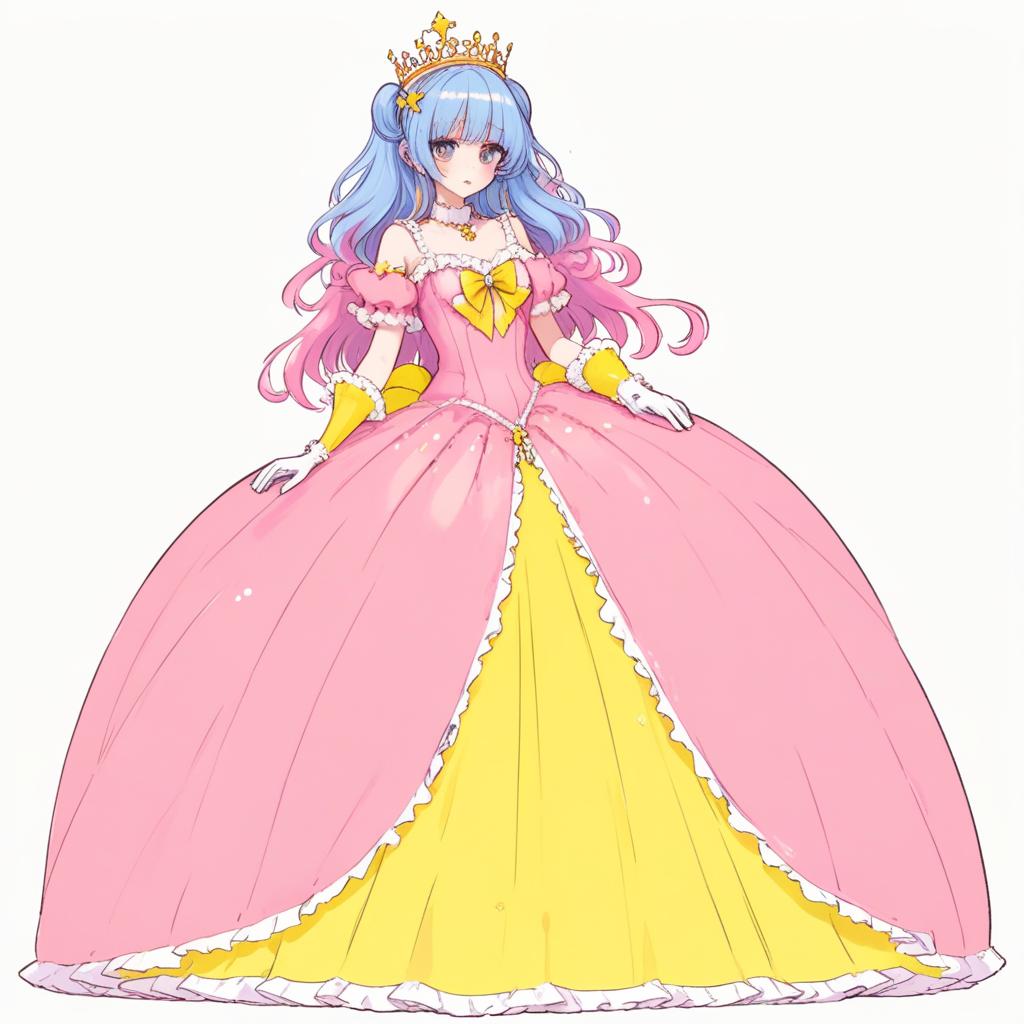  manga artwork yellow, pink and blue big poofy princess dress, ball gown, frills, ruffles, bows, idol dress, magical style, long white opera gloves, long yellow opera gloves, giant s, sparkly tiara, fancy necklace, long floor length veil covering her hair and back, shining intense blue eyes, very long ankle length bright pink hair with long bangs. manga artist. manga, highly emotional. best quality, high resolution