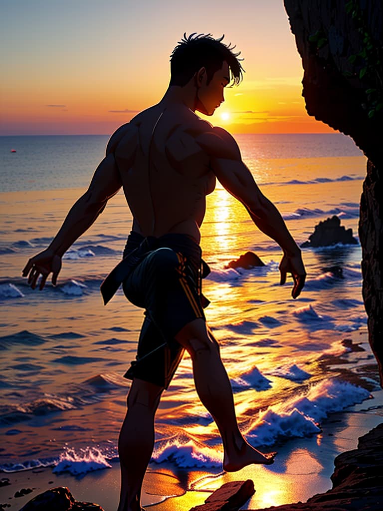  Close up of the silhouette of a man doing Thai Chi on a cliff overlooking the ocean with a sunrise in the background. RAW, realistic