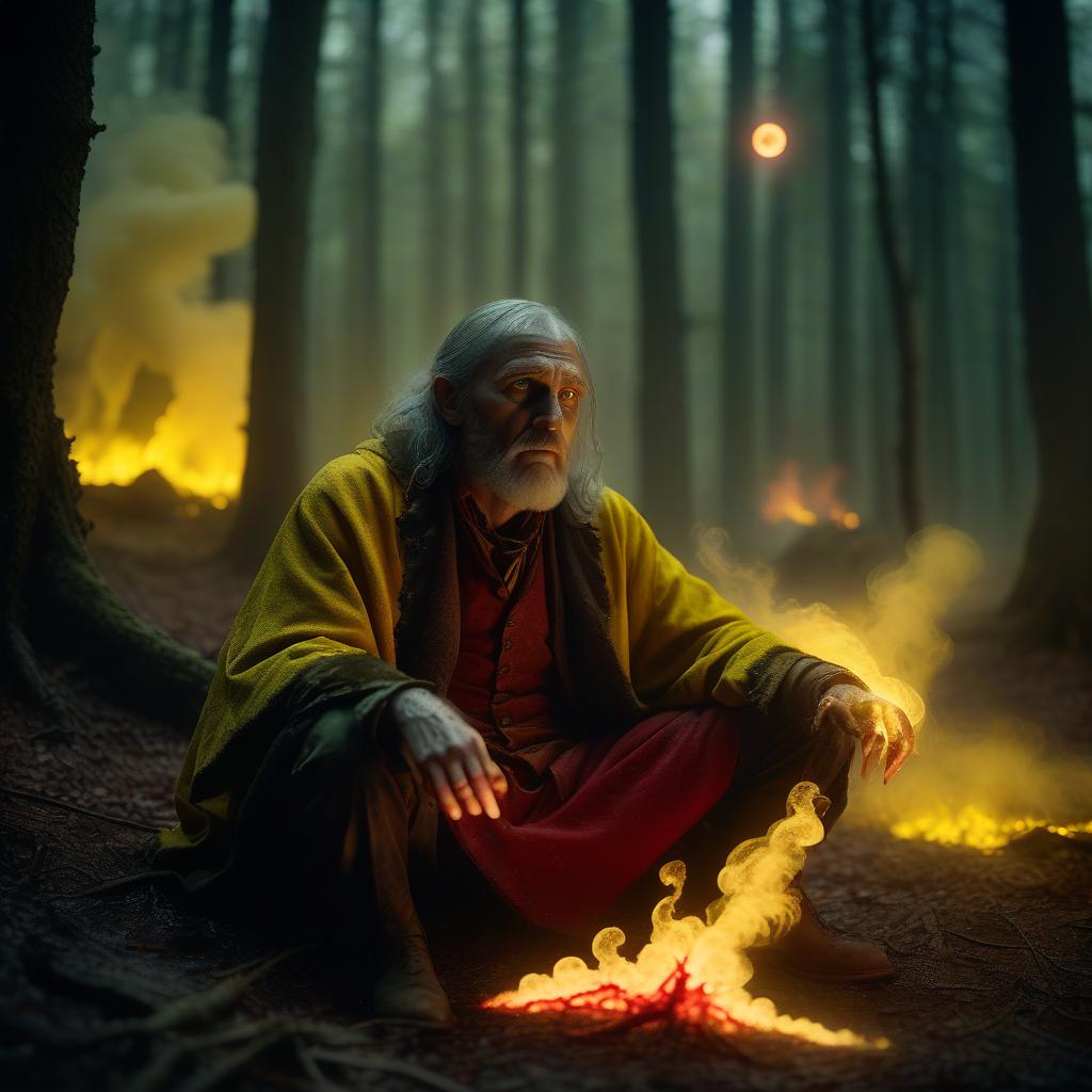  cinematic film still in a gloomy forest, a greasy toothed sorcerer sits and looks at the fiery creatures shrouded in yellow smoke with red threads green sparks moon stars rays of white light . shallow depth of field, vignette, highly detailed, high budget, bokeh, cinemascope, moody, epic, gorgeous, film grain, grainy