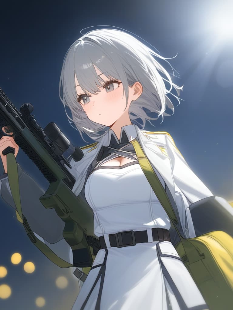  one girl, gray hair, bob cut, masket gun, rapeia, white military uniform