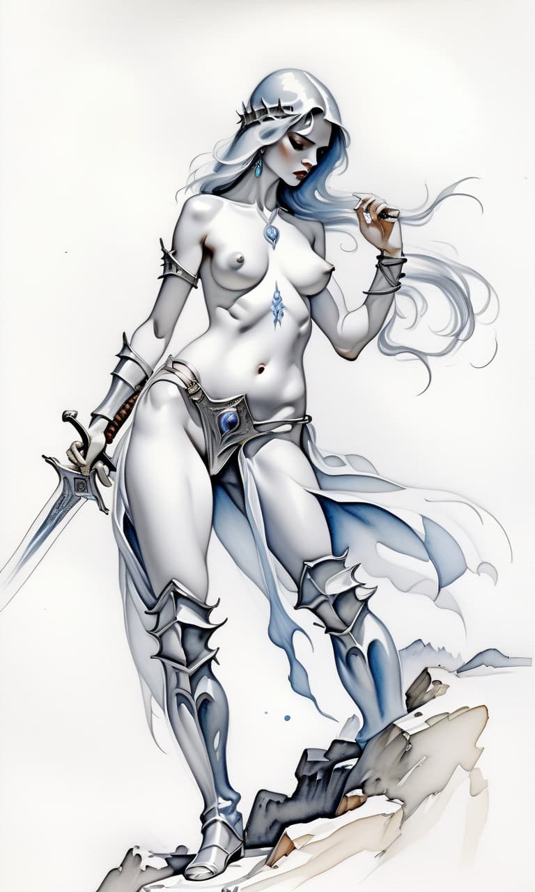  drawing watercolor, fantasy, boris vallejo, woman, , , standing, sword in hand, fantastic landscape, perfect hands