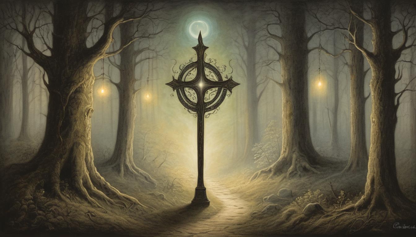  on parchment, surrealism++, bright halo of light, dark forest pathway, guidepost glowing, ethereal glow, guidance, promise, clarity(mysterious, provocative, symbolic)++