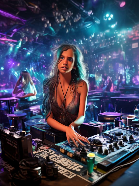  on the front: the dj's desk, the girl is playing music. in the background is a club with dancing people. colors: dark, blue green., depth of field, bokeh, soft light, by yasmin albatoul, harry fayt, centered, extremely detailed, nikon d850, (35mm|50mm|85mm), award winning photography