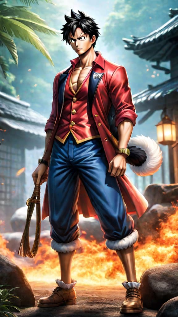  anime art: roger! then there's monkey d. dragon, luffy's father, leader of revolutionary army. hyperrealistic, full body, detailed clothing, highly detailed, cinematic lighting, stunningly beautiful, intricate, sharp focus, f/1. 8, 85mm, (centered image composition), (professionally color graded), ((bright soft diffused light)), volumetric fog, trending on instagram, trending on tumblr, HDR 4K, 8K