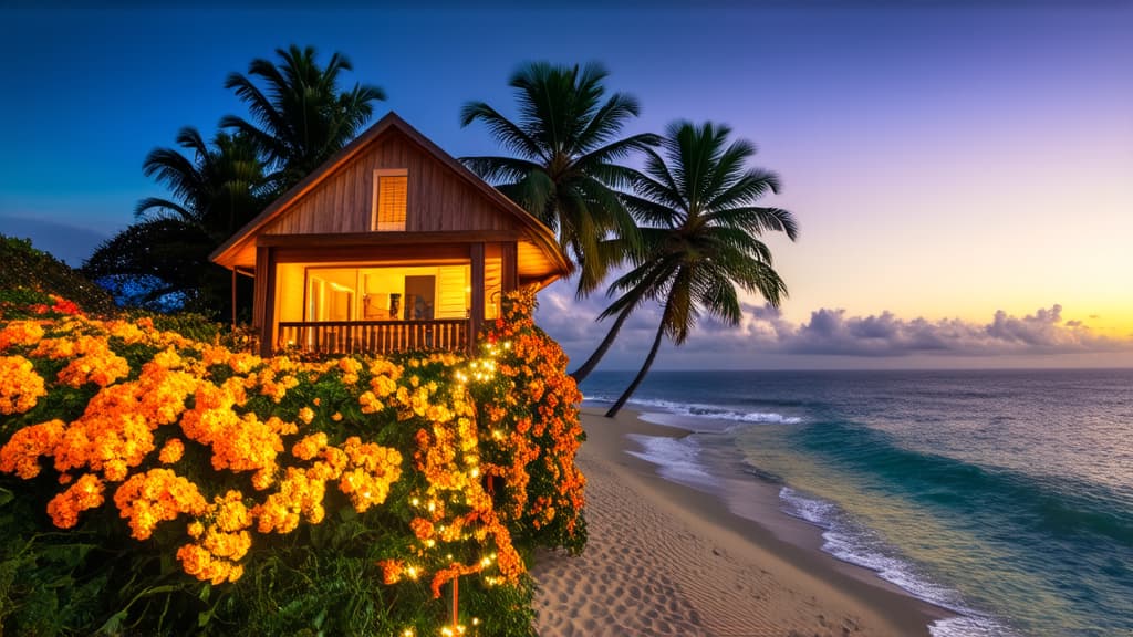  a house sitting on top of a sandy beach, a picture, tumblr, glowing flowers, very beautiful lighting, cottagecore, beautiful tropical flowers, mobile wallpaper, immaculately detailed, orange glow, tiny house, jamaica, decorated with flowers, soft glow, magic, awesome greate composition, glimmering, cozy ar 16:9 {prompt}, maximum details