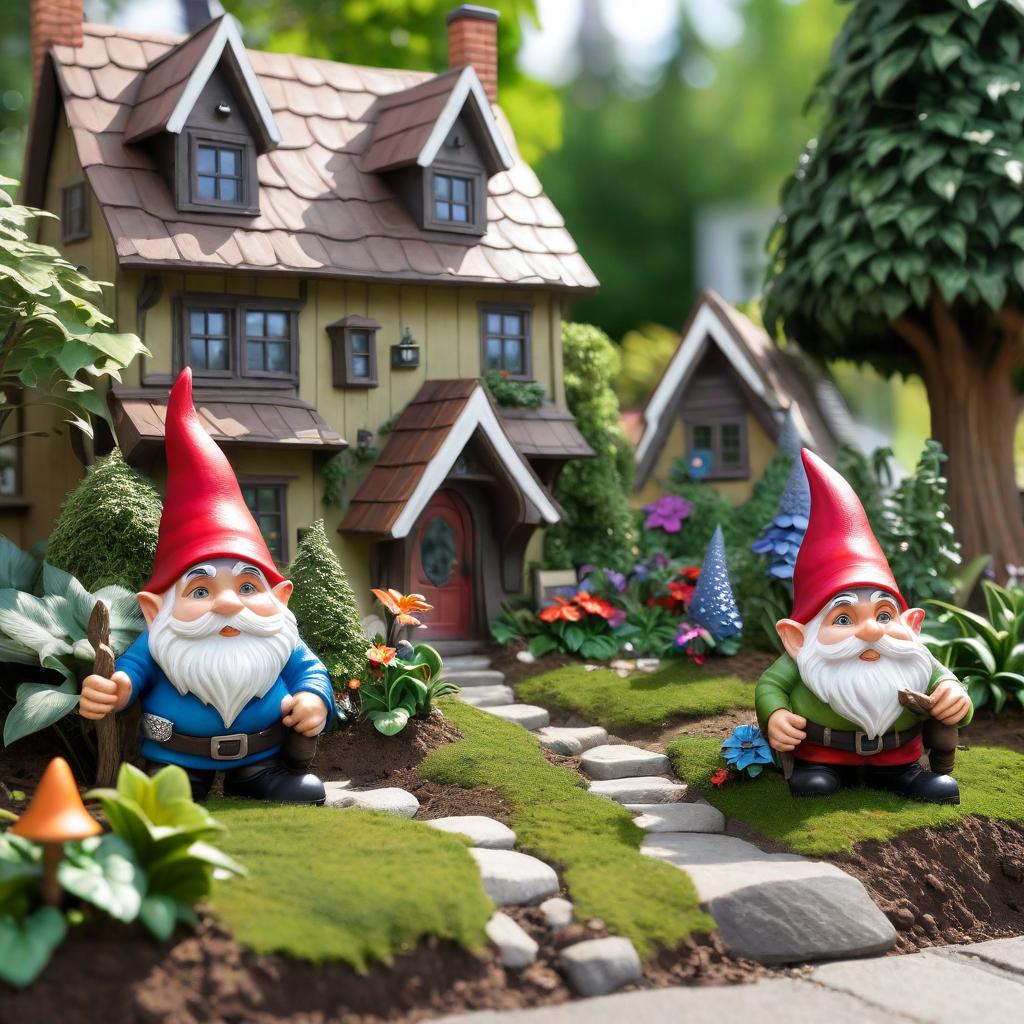  Realistic gnome village in front of a house with gnomes hiding behind foliage.