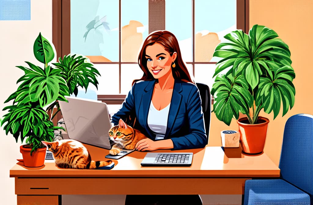  professional detailed photography, work from home woman working at her desk at home with cat and plants. modern vector illustration of home office concept. ar 3:2, (muted colors, dim colors, soothing tones), (vsco:0.3)