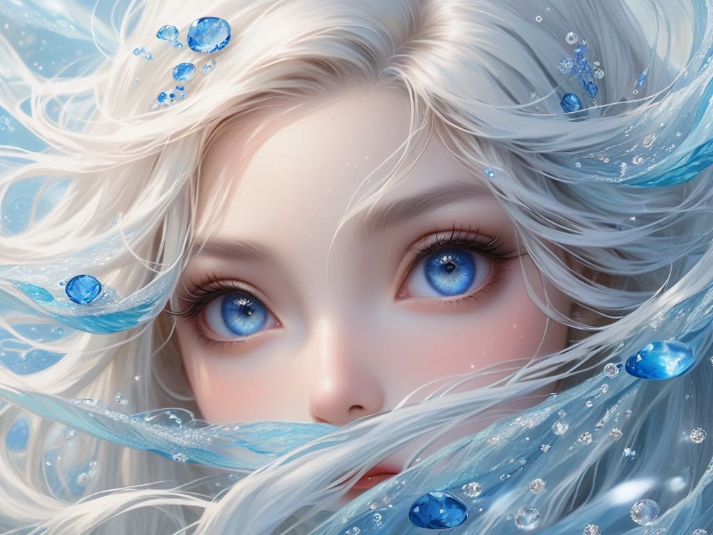  ethereal fantasy concept art of masterpiece,best quality,official art,extremely detailed cg 8k wallpaper,(flying petals) (detailed ice),crystals texture skin,1girl,cold expression,white hair,long hair,messy hair,blue eye,looking at viewer,extremely delicate and beautiful,water,((beauty detailed eye)),highly detailed,cinematic lighting,((beautiful face), fine water surface, (original figure painting), ultra detailed, incredibly detailed, (an extremely delicate and beautiful), beautiful detailed eyes, (best quality). magnificent, celestial, ethereal, painterly, epic, majestic, magical, fantasy art, cover art, dreamy