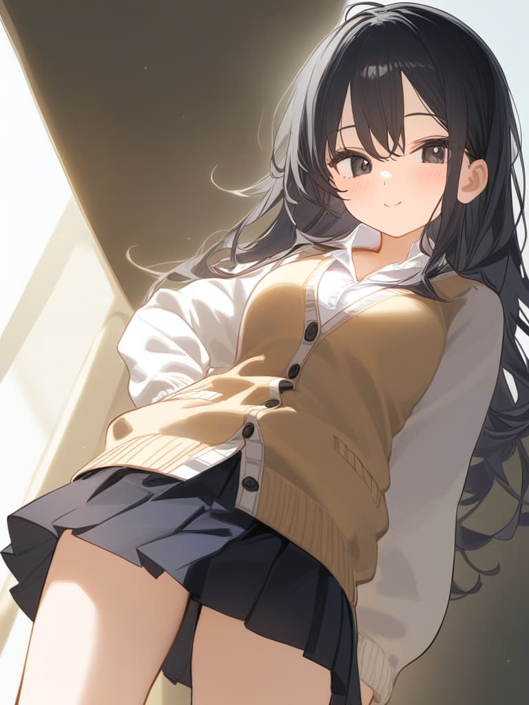  cute face focus,cute,black hair,black eyes,cute posing,cardigan,pleats skirt ,long hair,young