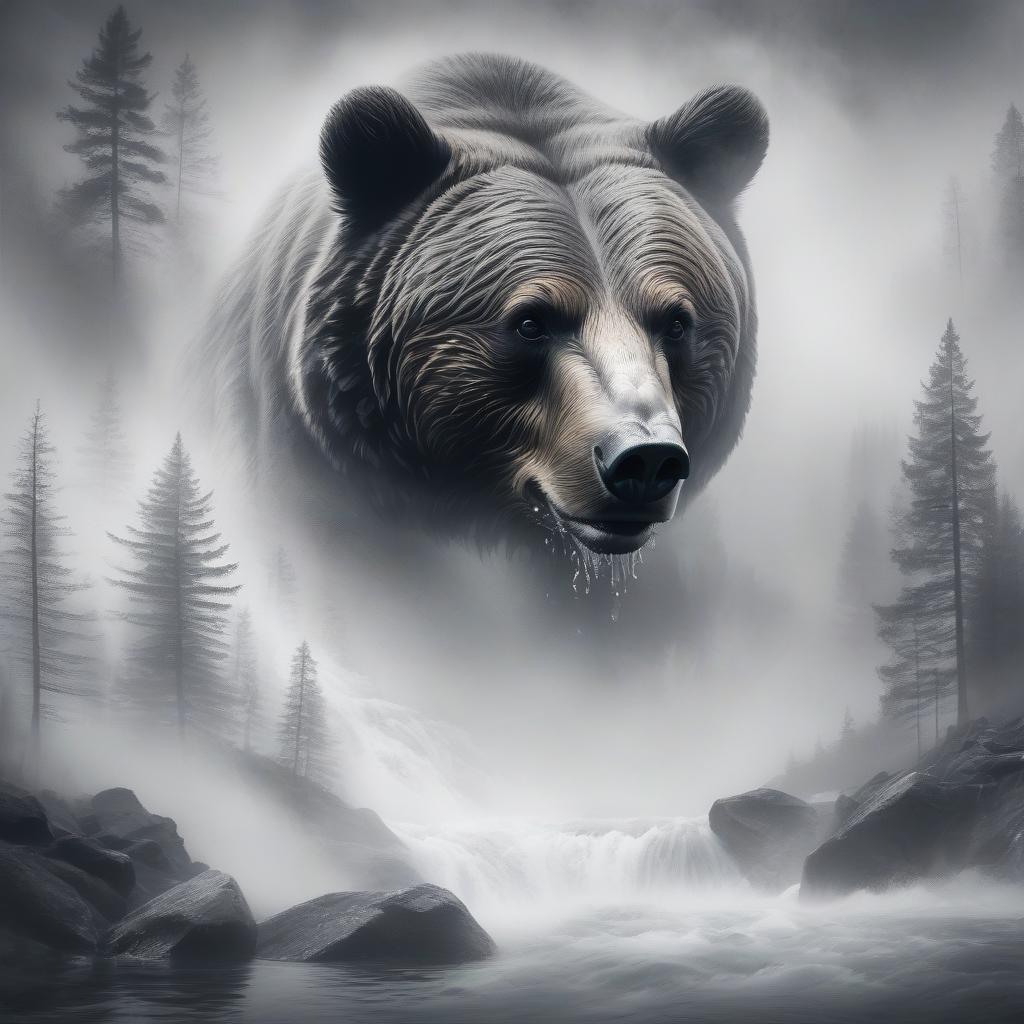  double exposure, outline silhouette of a bear's head in the fog, misty foggy eyes, charcoal, inside the silhouette is a river rapids with salmon swimming upstream and jumping from the water, ethereal mist, blur