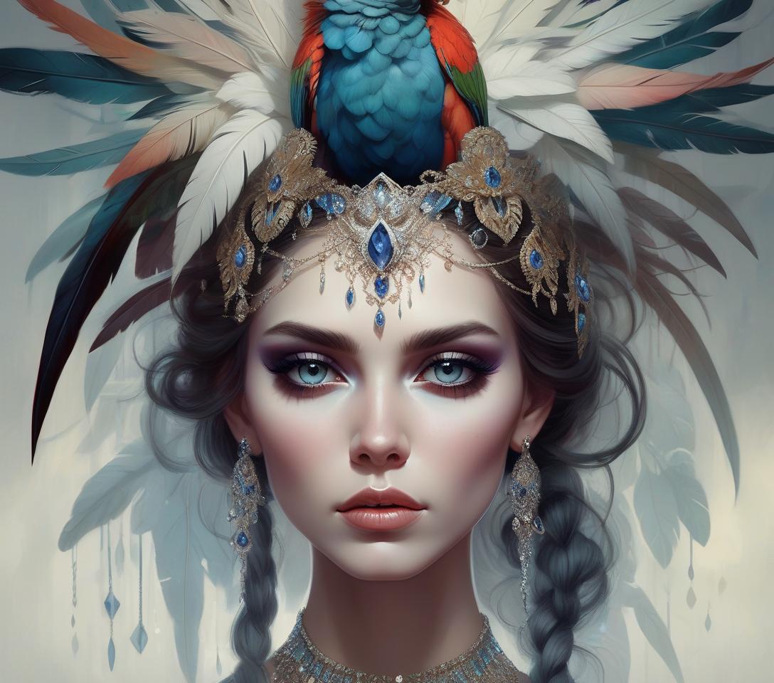  concept art hyper realistic, hyper detailed fantasy art; elegant, intricate, detailed, symmetrical face, accurate anatomy and eyes by tom bagshaw, magali villenueve; karol bak, of a beautiful woman with colorful parrot feather headdress and shoulder jewelry, diamonds, sapphires, insanely detailed, artgerm, wlop, tom bagshaw, magali villenueve; karol bak, photograph taken on nikon d750, intricate, digital illustration . digital artwork, illustrative, painterly, matte painting, highly detailed