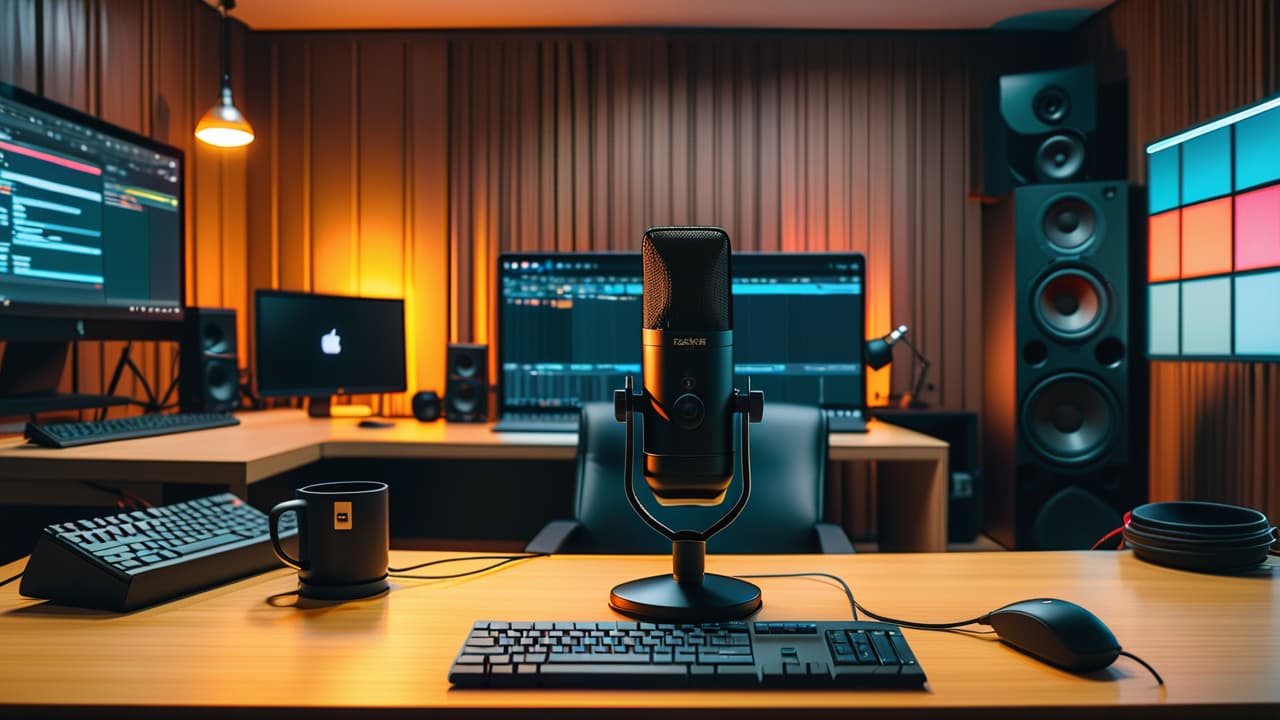  a well organized podcasting workspace featuring a high quality microphone, pop filter, headphones, audio interface, laptop with editing software, notepad, and colorful soundproofing panels in the background, creating an inviting and professional atmosphere. hyperrealistic, full body, detailed clothing, highly detailed, cinematic lighting, stunningly beautiful, intricate, sharp focus, f/1. 8, 85mm, (centered image composition), (professionally color graded), ((bright soft diffused light)), volumetric fog, trending on instagram, trending on tumblr, HDR 4K, 8K