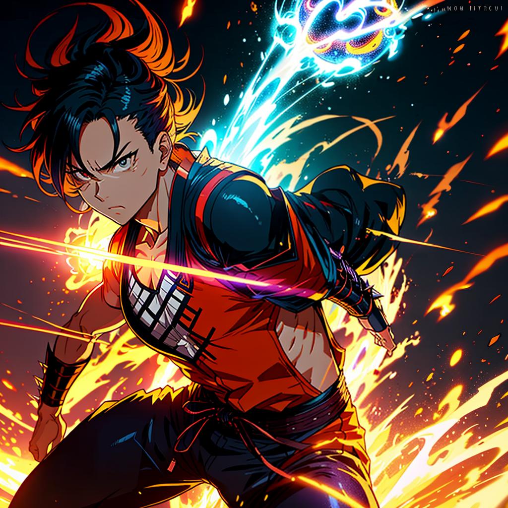  a warrior with spiky hair and a martial arts gi, in the energetic and exaggerated style of akira toriyama, with vibrant colors and dynamic action lines.close up of the face like a character card hyperrealistic, full body, detailed clothing, highly detailed, cinematic lighting, stunningly beautiful, intricate, sharp focus, f/1. 8, 85mm, (centered image composition), (professionally color graded), ((bright soft diffused light)), volumetric fog, trending on instagram, trending on tumblr, HDR 4K, 8K