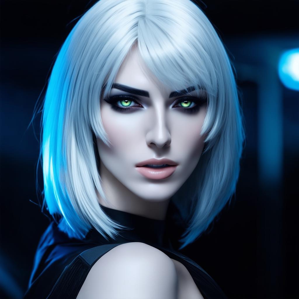  a white european young woman with silver hair. she has a serious look in her green eyes, directed somewhere behind the camera with easy confidence and gibe. she has a cute serious face. her head is slightly tilted. she looks like the one who can defend herself and who see and overcame some bad things in her life. she is wearing a futuristic cyberpunk matrix like blue jacket. in the right hand she held a futuristic cube that flying a little. in the background is a futuristic computers with some programs on the screens. hyperrealistic, full body, detailed clothing, highly detailed, cinematic lighting, stunningly beautiful, intricate, sharp focus, f/1. 8, 85mm, (centered image composition), (professionally color graded), ((bright soft diffused light)), volumetric fog, trending on instagram, trending on tumblr, HDR 4K, 8K