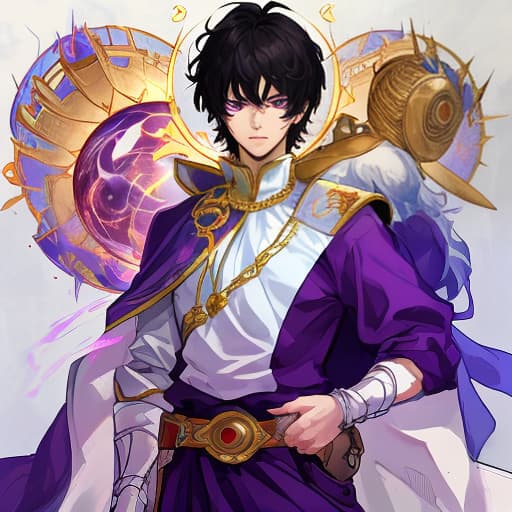  the protector of the universe is a young man of lean build, with a small beard and a short haircut. the left eye is purple. the right eye is red.