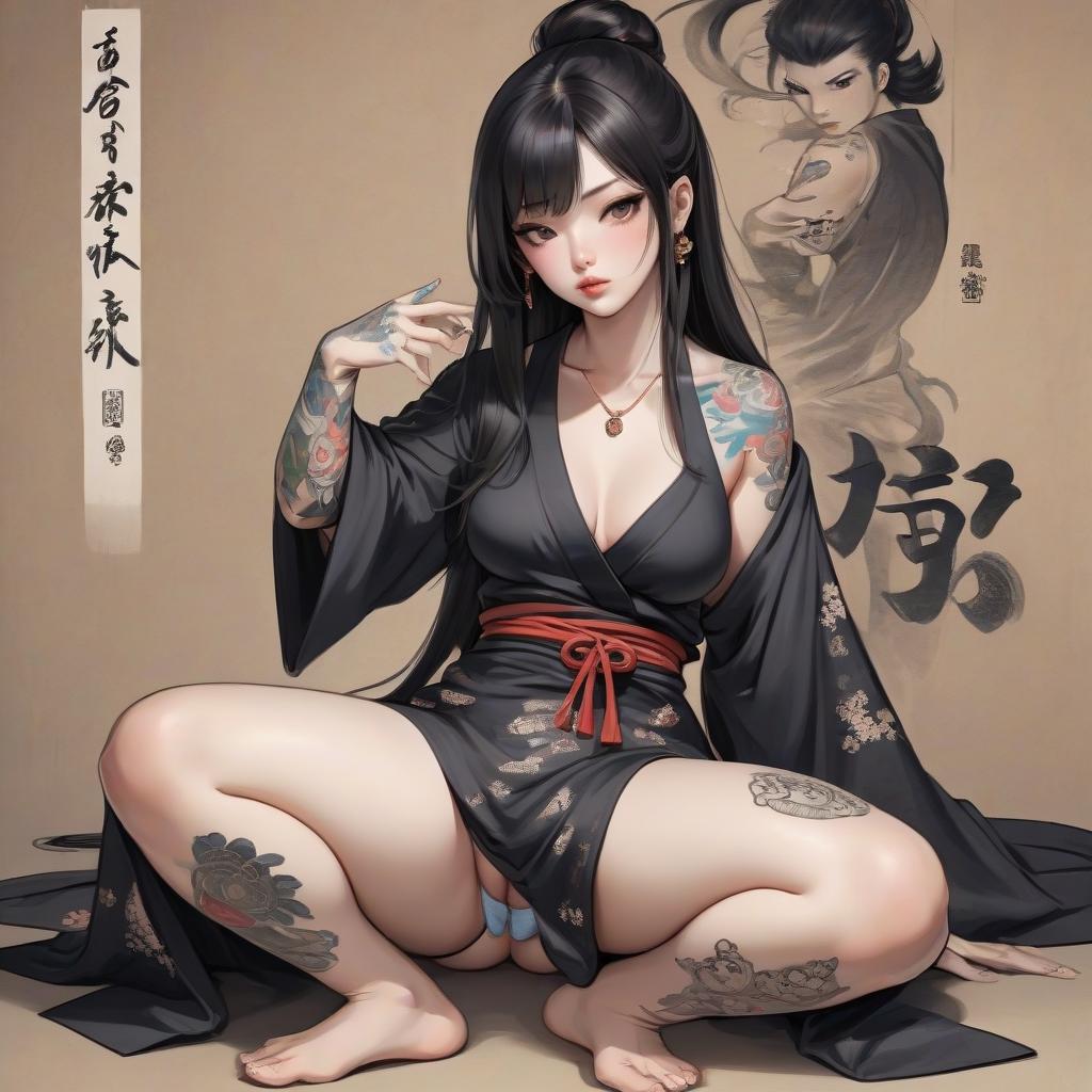  a woman in underwear, with tattoos in the japanese style "irezumi" more tattoos, dark long hair, straight nose, oriental entourage, sitting in a feminine pose, background and clothing to style the era of edo, the character wears a light, almost weightless black robe, emphasizing the beautiful physique