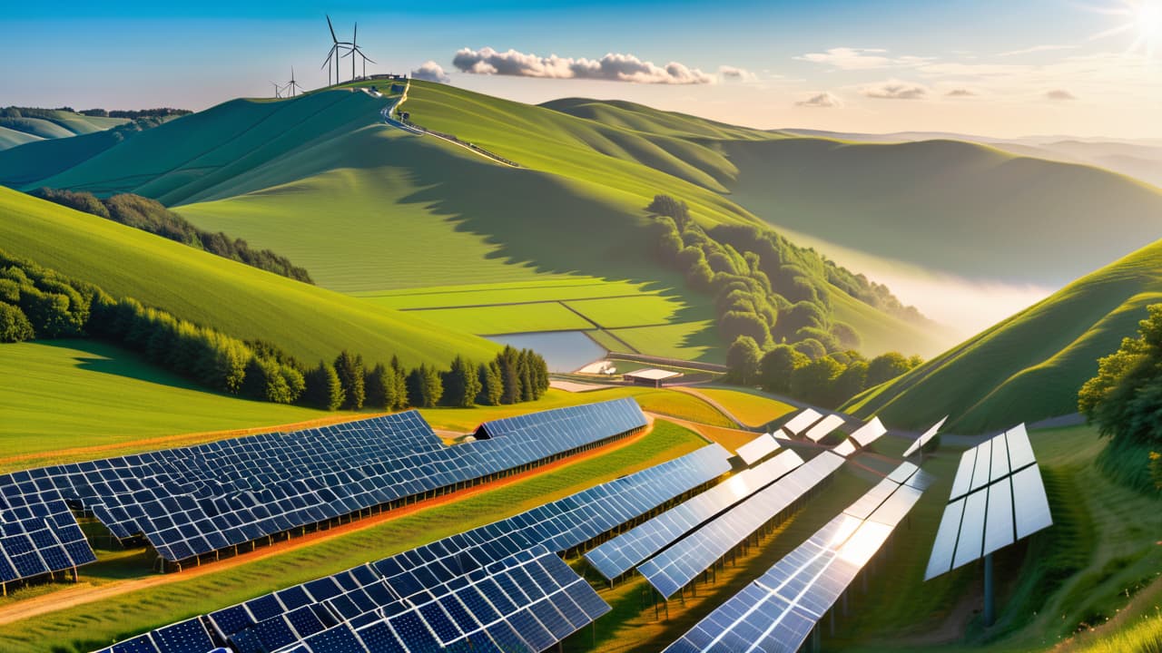  a vibrant landscape featuring solar panels glistening under the sun, a wind turbine gracefully spinning on rolling hills, and a hydroelectric dam cascading water, all harmoniously integrated into nature. hyperrealistic, full body, detailed clothing, highly detailed, cinematic lighting, stunningly beautiful, intricate, sharp focus, f/1. 8, 85mm, (centered image composition), (professionally color graded), ((bright soft diffused light)), volumetric fog, trending on instagram, trending on tumblr, HDR 4K, 8K