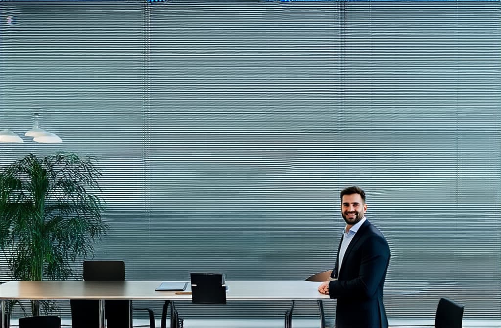  professional detailed photography, portrait of business man standing in open plan office. minimalism style. happy male professional executive manager, financial banking or marketing data. ar 3:2, (muted colors, dim colors, soothing tones), (vsco:0.3)