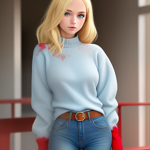  girl blonde in light blue jeans and red sweater