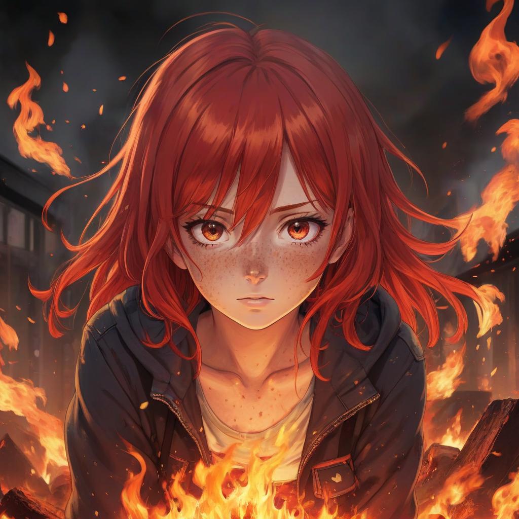  anime artwork girl with red hair, freckles, burning in the fire . anime style, key visual, vibrant, studio anime, highly detailed