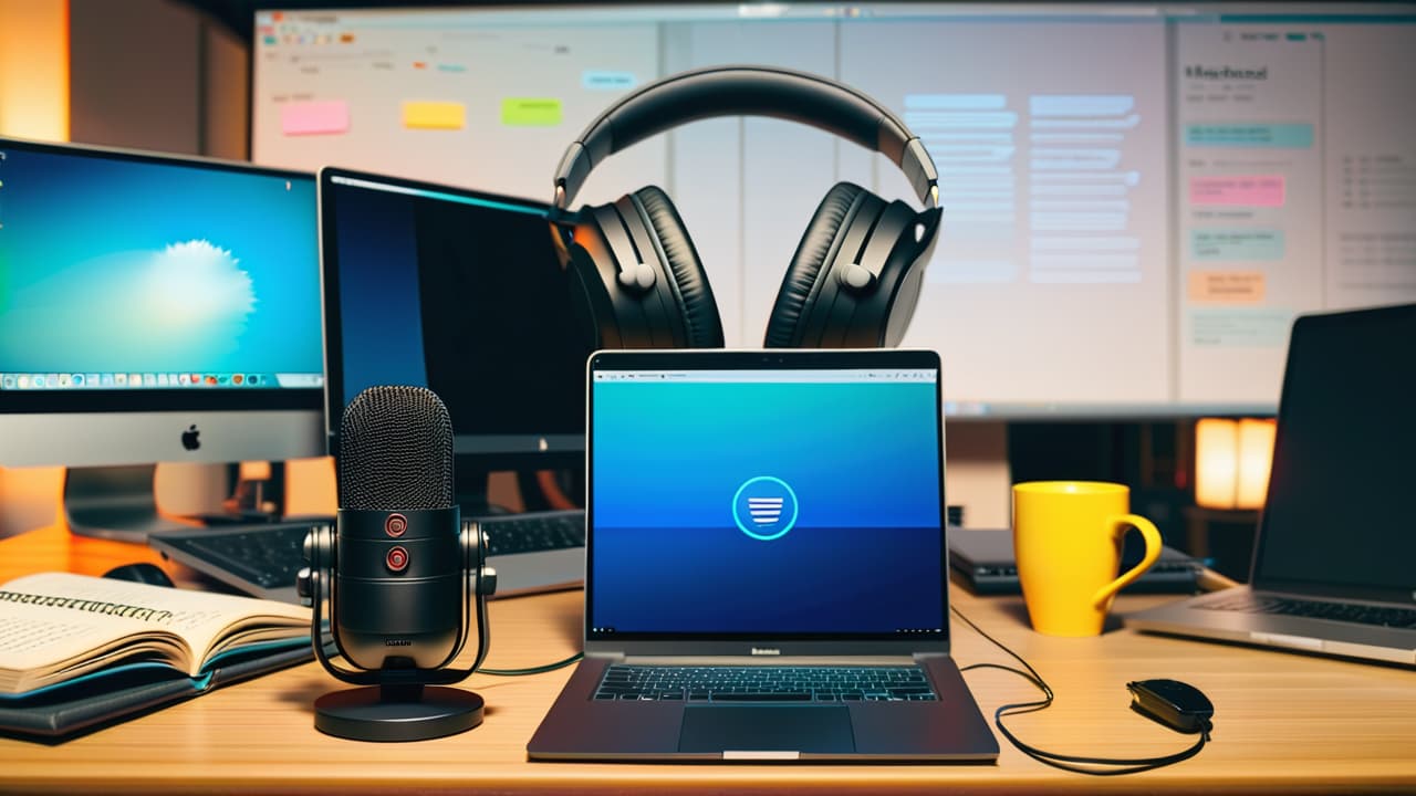  a cluttered desk with a high quality microphone, headphones, soundproof panels, and a laptop displaying audio editing software, surrounded by notebooks filled with podcast ideas, coffee cups, and colorful sticky notes scattered around. hyperrealistic, full body, detailed clothing, highly detailed, cinematic lighting, stunningly beautiful, intricate, sharp focus, f/1. 8, 85mm, (centered image composition), (professionally color graded), ((bright soft diffused light)), volumetric fog, trending on instagram, trending on tumblr, HDR 4K, 8K