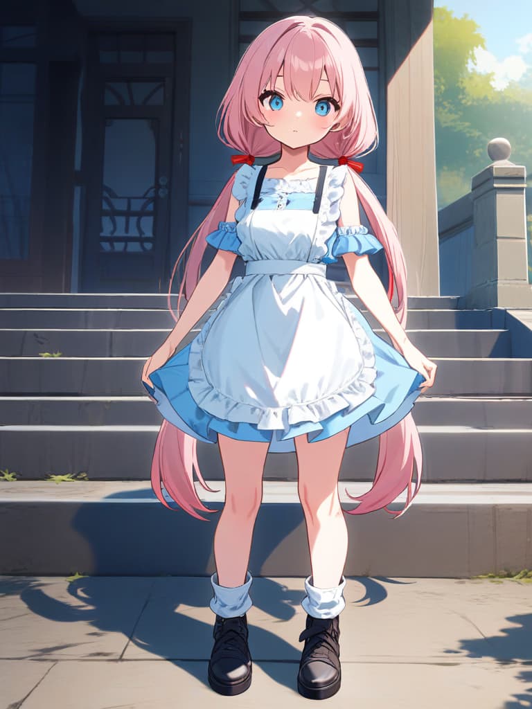  (beautiful girl:1.5)(low twin tail & drilled hair:1.7)(pink hair color & eye color)(wearing light blue frilly apron dress:1.7)(bukka white leg warmers:2.0 )(shoes with straps:1.7)(close up:1.5)(background park stairs) high quality,masterpiece,16k,super analysis