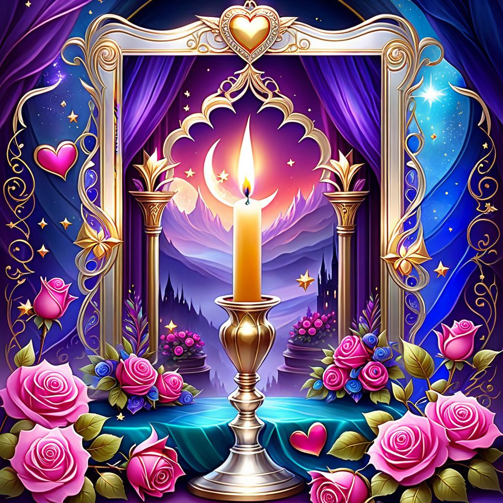  ethereal fantasy concept art of (background):colour:violet blue. (background decoration):silver frames in the shape of hearts and gold fancy stars. (centre):glass square pink candlestick and lighter decorated with fancy roses. (rose colour):pink, dark pink, with cream border. (leaf colour):dark green, green blue, light green. (style):fantasy, fantasy art design, jewellery, interior. . magnificent, celestial, ethereal, painterly, epic, majestic, magical, fantasy art, cover art, dreamy