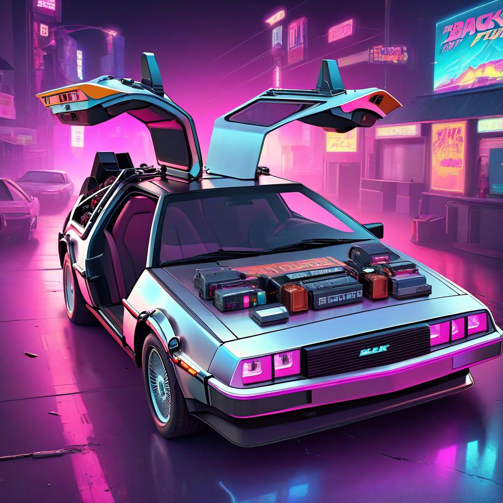  a back to the future delorer car, cyberpunk, anime, synthwave