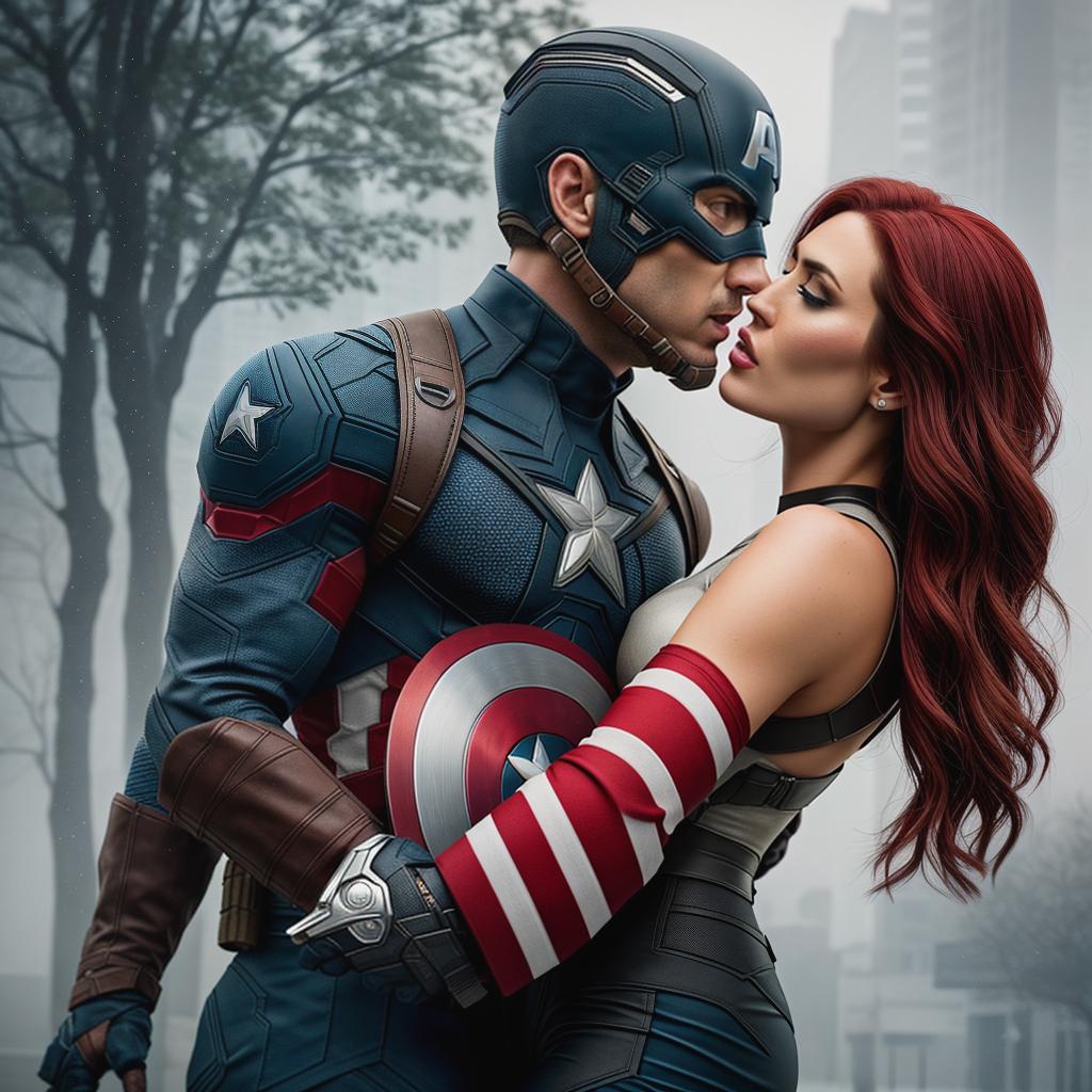  captain america kissing his girlfriend hyperrealistic, full body, detailed clothing, highly detailed, cinematic lighting, stunningly beautiful, intricate, sharp focus, f/1. 8, 85mm, (centered image composition), (professionally color graded), ((bright soft diffused light)), volumetric fog, trending on instagram, trending on tumblr, HDR 4K, 8K