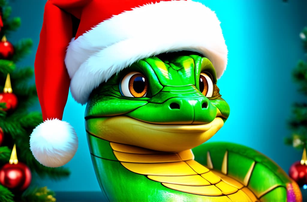  big head, big eyes, caricature, a caricature, rendering, (figurativism:0.8), green wooden snake in santa claus hat on new year background ar 3:2, epic realistic, pixar style, disney, (cycles render:1.3), caustics, (glossy:0.58), (artstation:0.2), cute