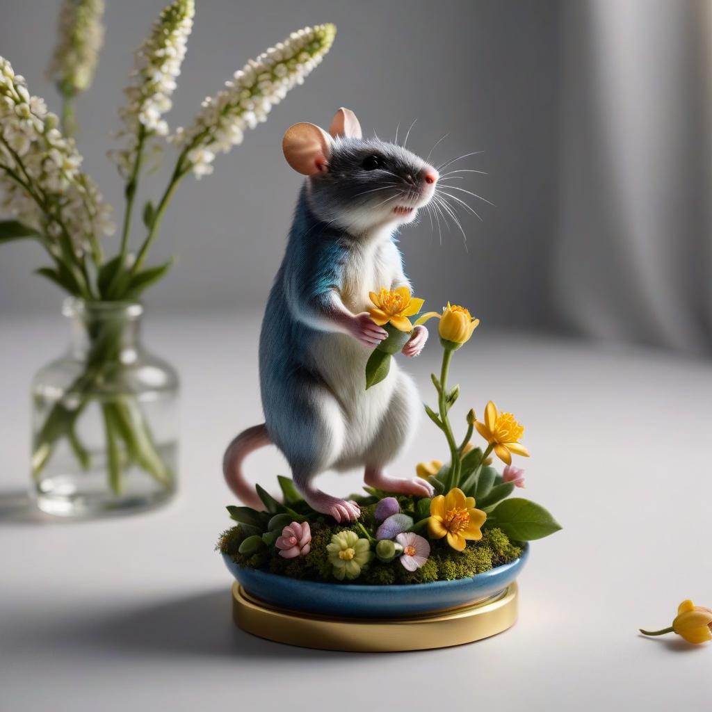  isometric style the mouse leans on a vase of flowers and reaches full length to the buds . vibrant, beautiful, crisp, detailed, ultra detailed, intricate hyperrealistic, full body, detailed clothing, highly detailed, cinematic lighting, stunningly beautiful, intricate, sharp focus, f/1. 8, 85mm, (centered image composition), (professionally color graded), ((bright soft diffused light)), volumetric fog, trending on instagram, trending on tumblr, HDR 4K, 8K