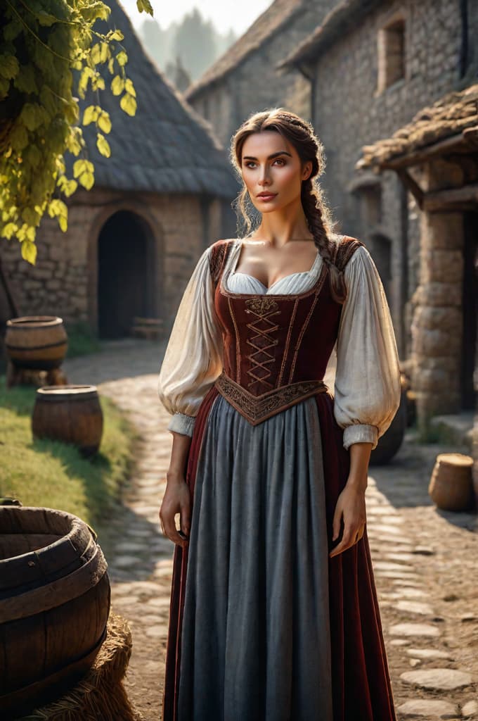  medieval 18 yo peasant girl in a medieval stone farm yard hyperrealistic, full body, detailed clothing, highly detailed, cinematic lighting, stunningly beautiful, intricate, sharp focus, f/1. 8, 85mm, (centered image composition), (professionally color graded), ((bright soft diffused light)), volumetric fog, trending on instagram, trending on tumblr, HDR 4K, 8K