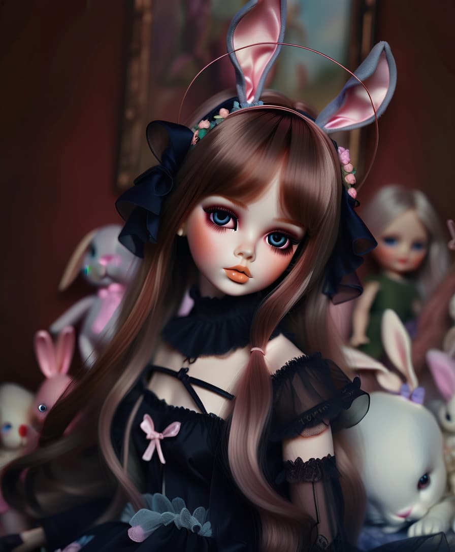  concept art a doll with long hair is posing a beautiful girl doll with bunny ears is a must. delicate colors and shades . digital artwork, illustrative, painterly, matte painting, highly detailed