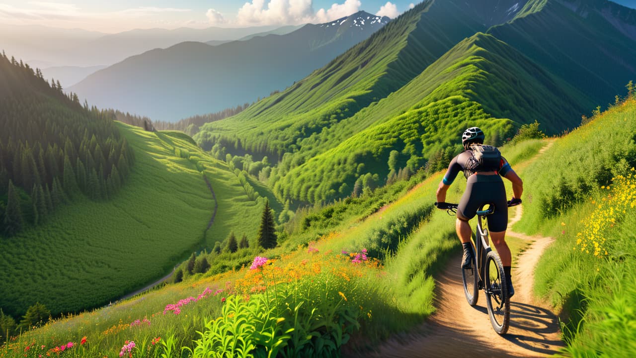  a scenic mountain biking trail winding through lush green forests, with a cyclist navigating a steep incline, surrounded by vibrant wildflowers and distant mountains, capturing the essence of an active lifestyle and nature's beauty. hyperrealistic, full body, detailed clothing, highly detailed, cinematic lighting, stunningly beautiful, intricate, sharp focus, f/1. 8, 85mm, (centered image composition), (professionally color graded), ((bright soft diffused light)), volumetric fog, trending on instagram, trending on tumblr, HDR 4K, 8K