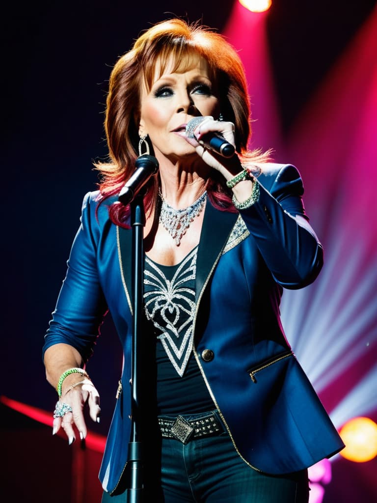  Country singer, Reba McIntyre, on stage, medium shot, upper body, spotlight, long exposure lighting, street art style spray paint, glamour lighting