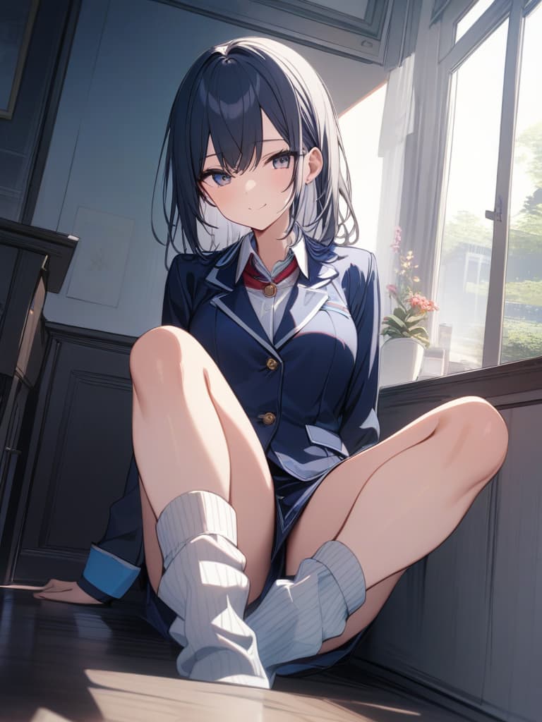  smile girls, uniforms, dark blue blazer, mini , cute, loose socks, thin legs, masterpiece, best quality,8k,ultra detailed,high resolution,an extremely delicate and beautiful,hyper detail