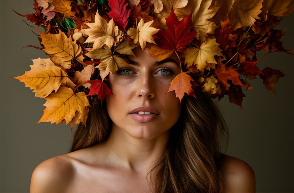  a portrait of a young woman in a creative style with a large floral arrangement and autumn leaves ((((covering her face)))), ar 3:2, (natural skin texture), highly detailed face, depth of field, hyperrealism, soft light, muted colors