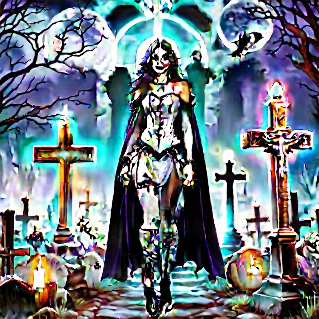  gothic style full body, very young elf necromancer, pale skin, slender, thin, athletic, extremely thin waist, very long dark purple wavy hair,mive cross earrings, huge tattoo on s, open shoulders, black very short dress, soled boots, lace stockings, long cloak, necromancer staff in left hand, necromancer book in right hand, old abandoned graveyard, many tombstones, crosses, graves, dead trees, crows, full moon, moonlit night, ghosts, dead knights . dark, mysterious, haunting, dramatic, ornate, detailed, hkmagic hyperrealistic, full body, detailed clothing, highly detailed, cinematic lighting, stunningly beautiful, intricate, sharp focus, f/1. 8, 85mm, (centered image composition), (professionally color graded), ((bright soft diffused light)), volumetric fog, trending on instagram, trending on tumblr, HDR 4K, 8K