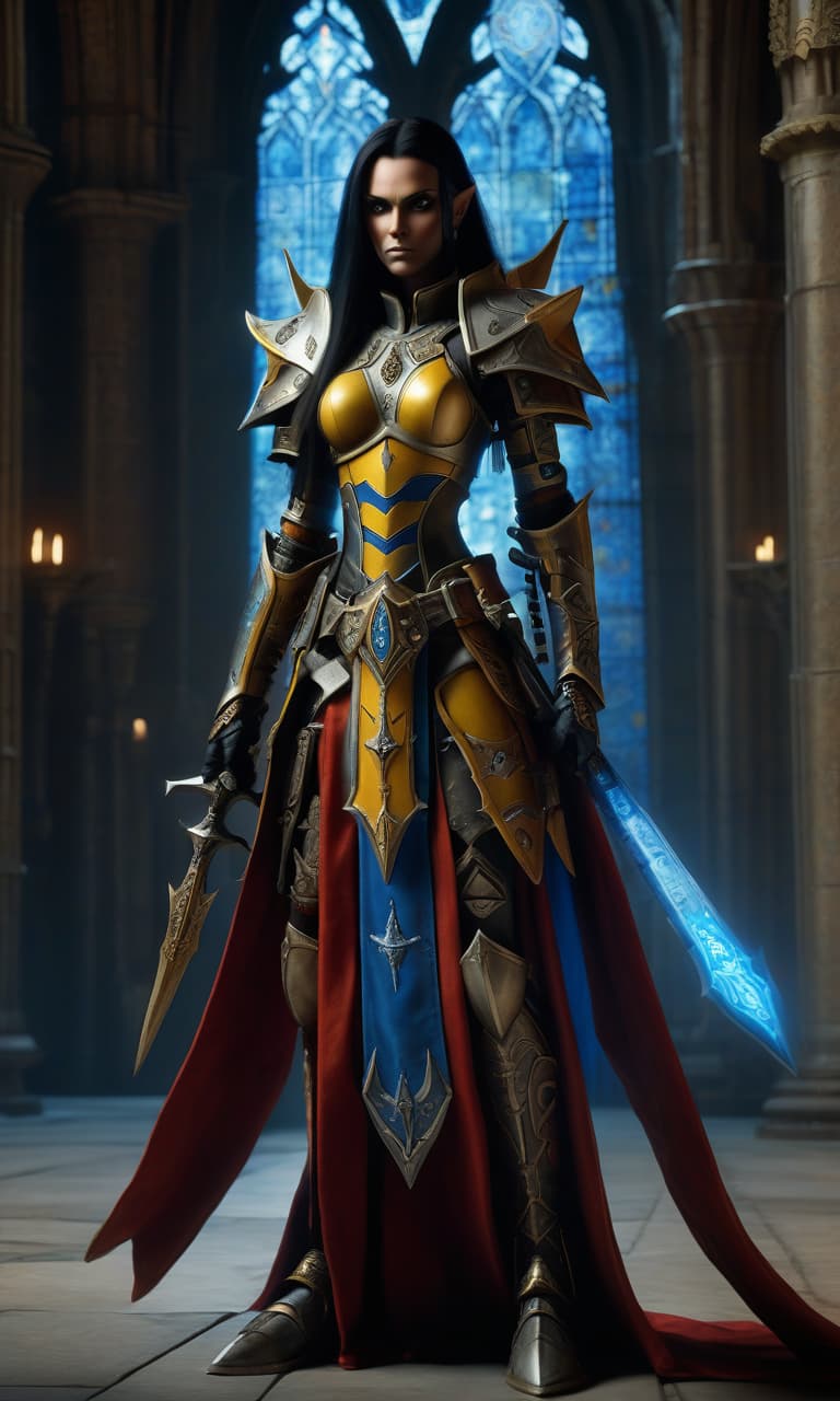  a warhammer 40000 eldar farseer female character in bone armor stands confidently with a spear in left hand. the armor features black and yellow, red gemstones, runes glowing blue. the character has a determined expression, long hair, and pointed elven ears the background is a catholic cathedral at dusk.