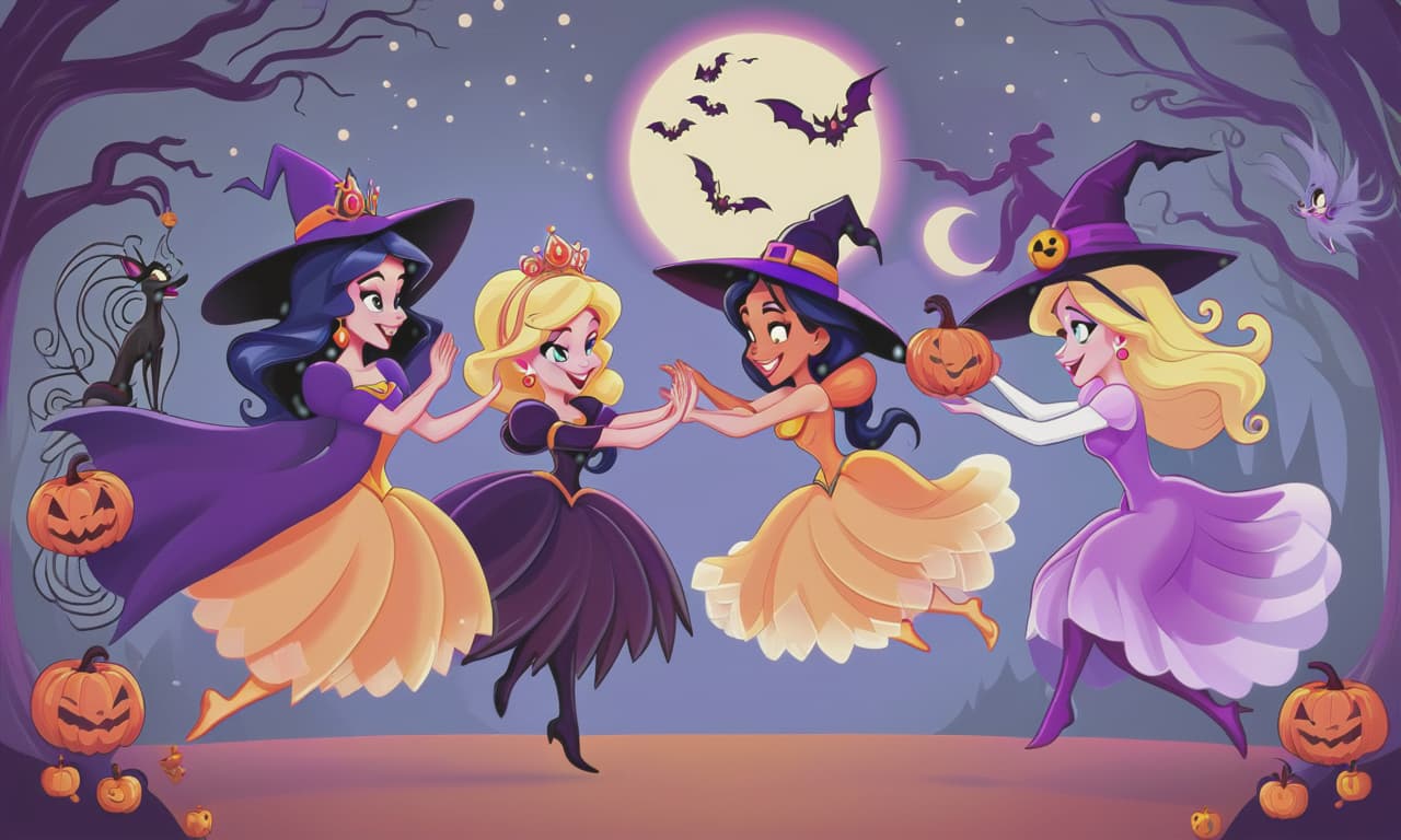  cartoon princesses playing with witches